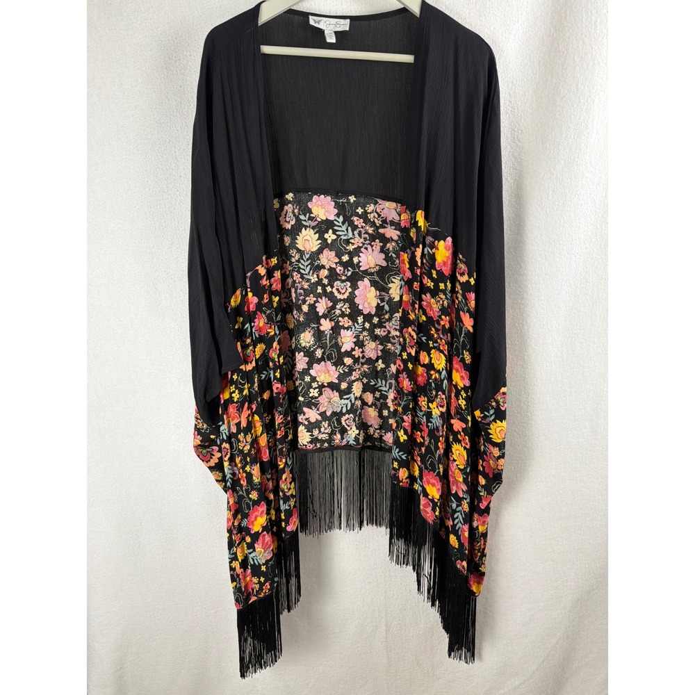 Gypsy Fringe Kimono Black Orange Floral Boho Open Front Witchy Whimsigoth L/XL